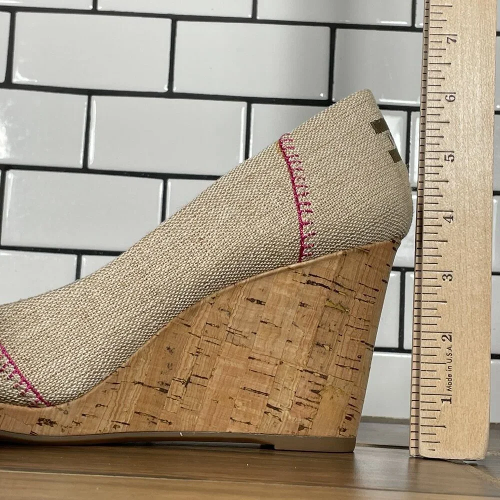 Toms Stella Womens Size 9.5 Shoes Natural Burlap Embroidery Peep Toe Wedge Heel